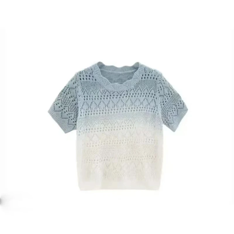 丹姐家~高级渐变镂空圆领针织短袖T恤