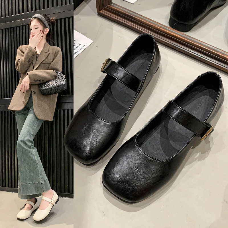 韩版复古百搭玛丽珍鞋女2025年春夏新款平底方头一字扣带浅口单鞋