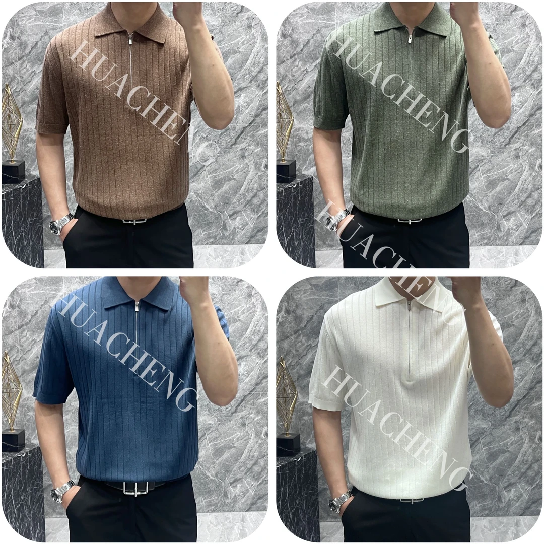 【画成】夏季拉链气质休闲翻领上衣男士百搭复古老钱风短袖 24304