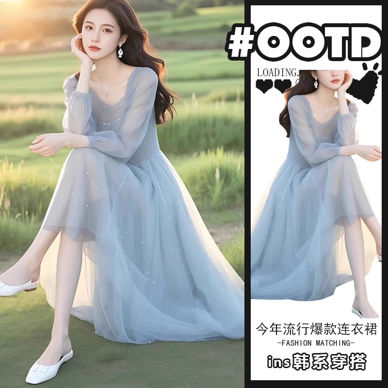 2025夏季新款时尚显气质中长款连衣裙女法式小众收腰显瘦仙女裙潮