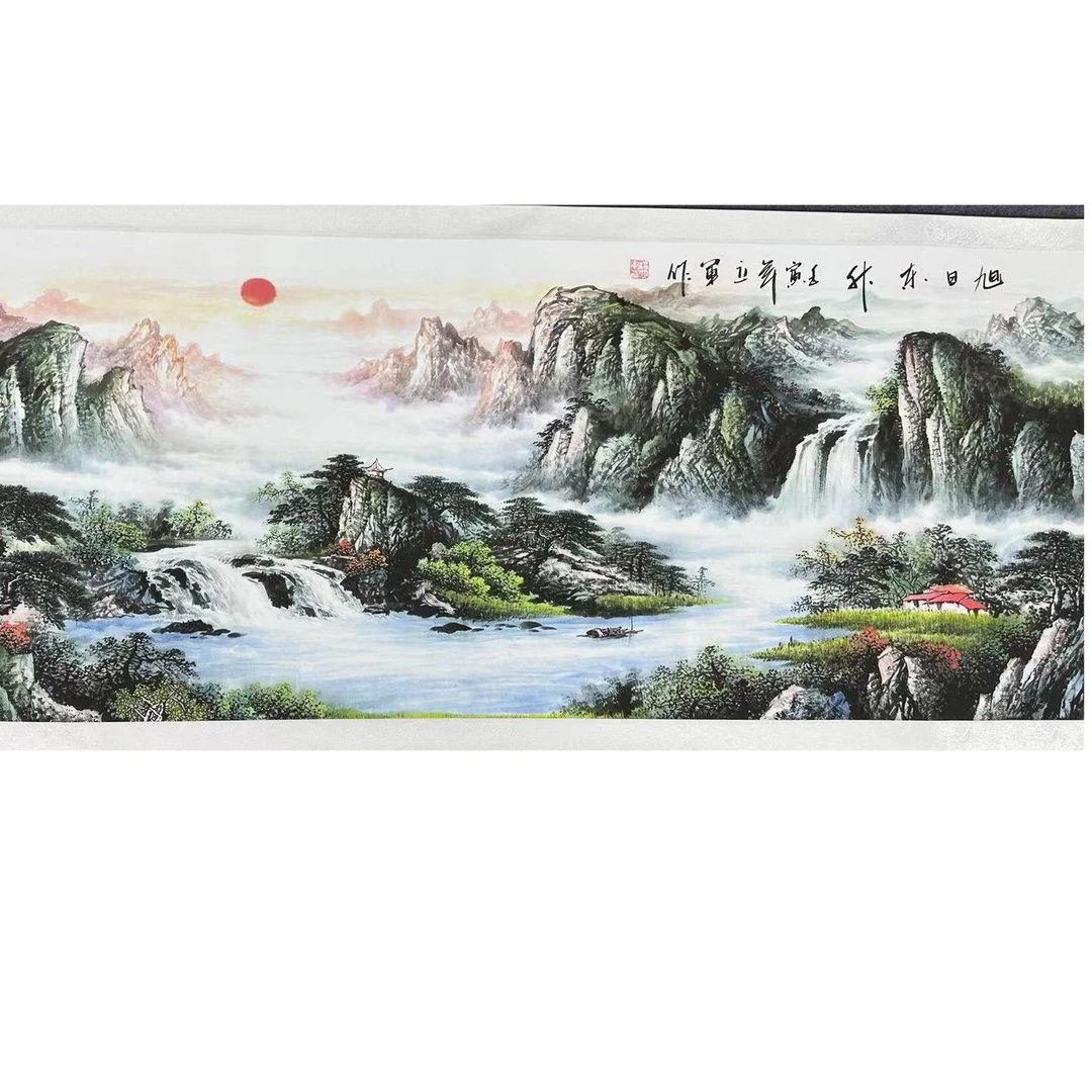 210*72 绿 旭日东升 办公室客厅书房 高清数字微喷 精品软装挂画