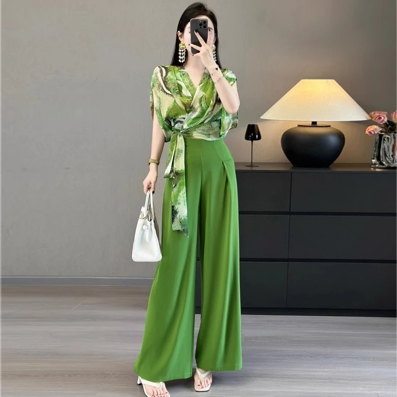 同色系穿搭洋气名媛气质乔其纱印花系带衬衣+高腰阔腿裤长裤夏季