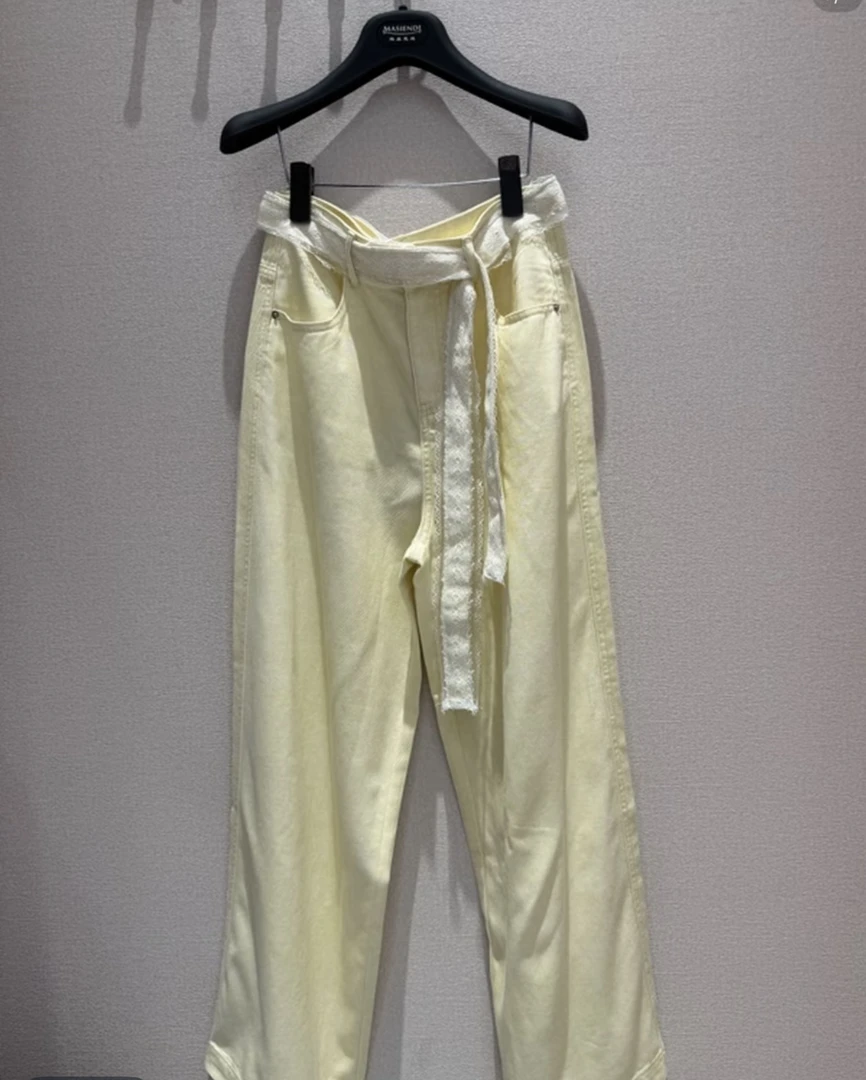 玛丝恩迪新款牛仔直筒腰带蕾丝设计款