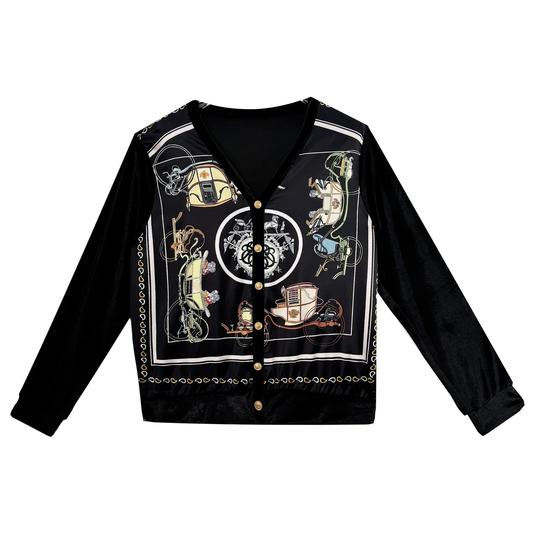 ’‘英伦马车‘桑蚕丝上衣拼接丝绒长袖开衫外套