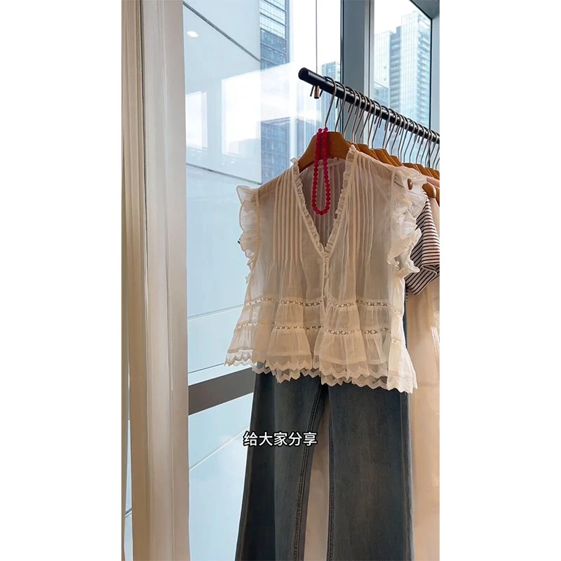 韩系设计感小众洋气休闲百搭V领无袖上衣高腰修身显瘦牛仔裤套装