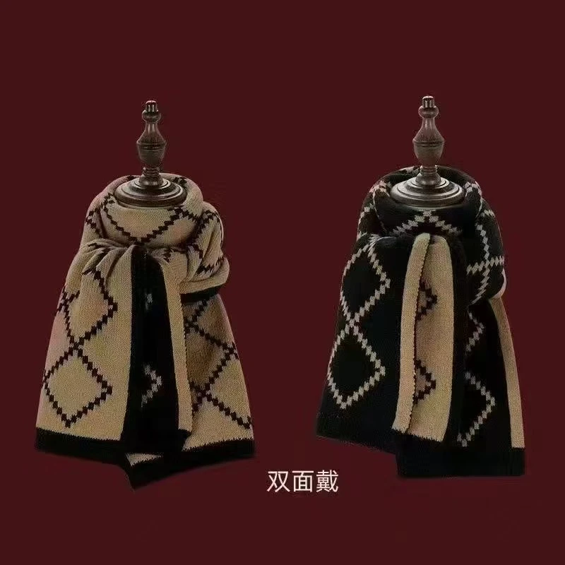 韩版围巾女新款少女高颜值菱形撞色百搭秋冬季超长双面加厚潮