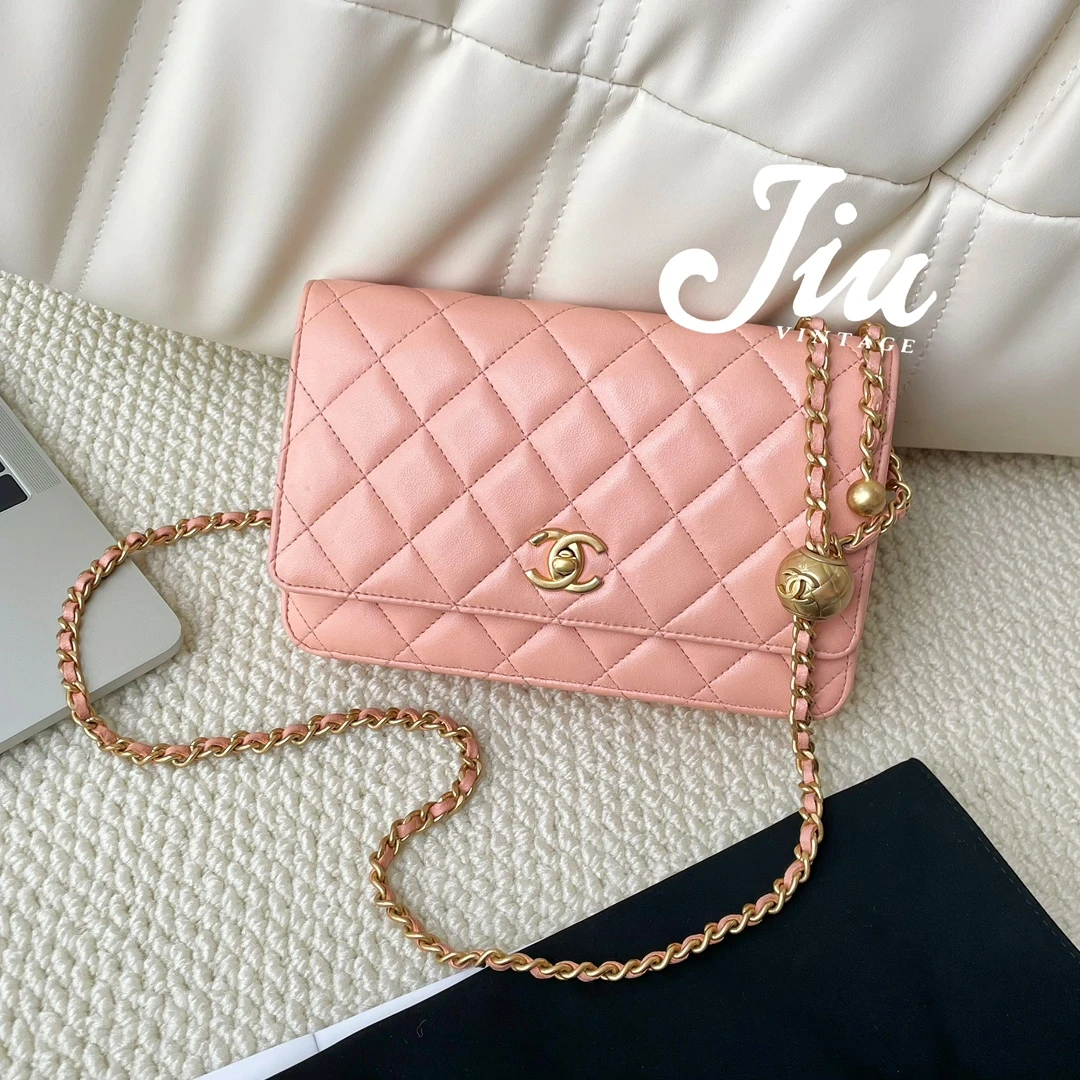 99新 Chanel/香奈儿 淡橘色金扣金球羊皮WOC芯片中检 CJM12-1671