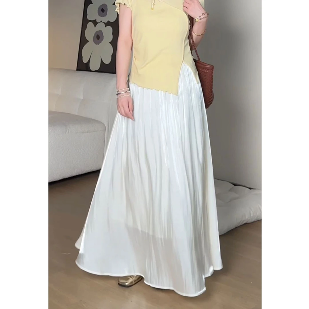 YAMM~温柔风白色纱裙夏季薄款丝滑垂感流光气质遮胯显瘦a字半身裙