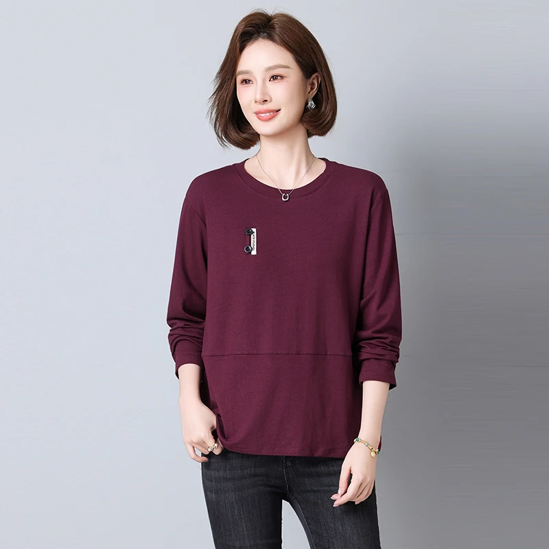 休闲圆领长袖T恤女春秋2025新款妈妈时尚宽松简约洋气打底衫上衣