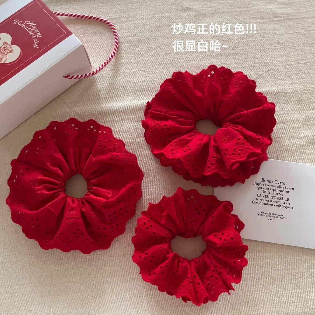 杨超越同款红色蕾丝花边大肠发圈饰品法式可爱超大号大肠头花发圈