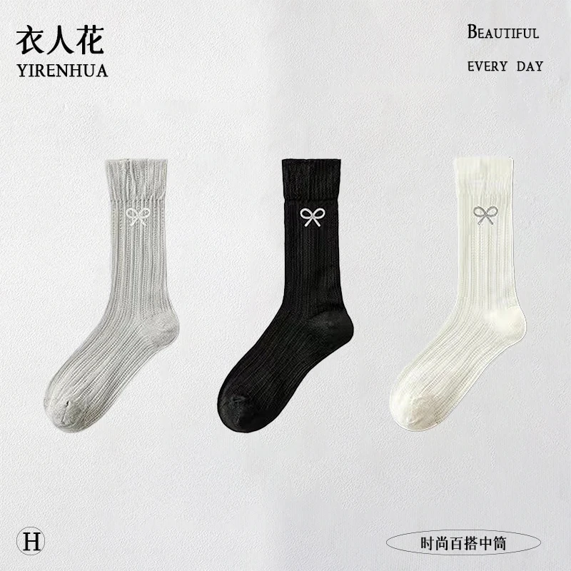 衣人花/夏季网眼透气蝴蝶结芭蕾风堆堆袜时尚超薄百搭中筒袜