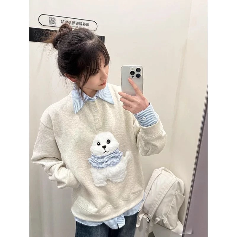 可爱毛绒刺绣POLO领卫衣女春秋季2025新款无帽拼接假两件上衣