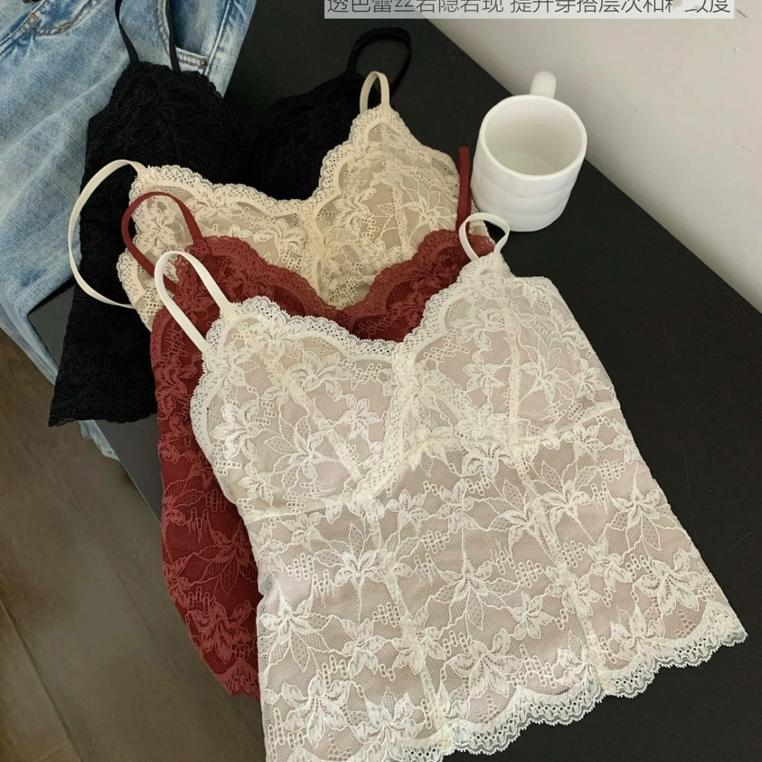 #初秋新款纯欲性感蕾丝加绒吊带背心女修身一体式带胸垫内搭
