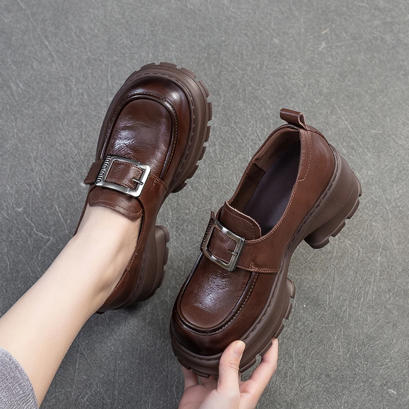 新款真皮牛皮厚底女鞋复古风乐福鞋英伦风百搭真皮单鞋2001-3