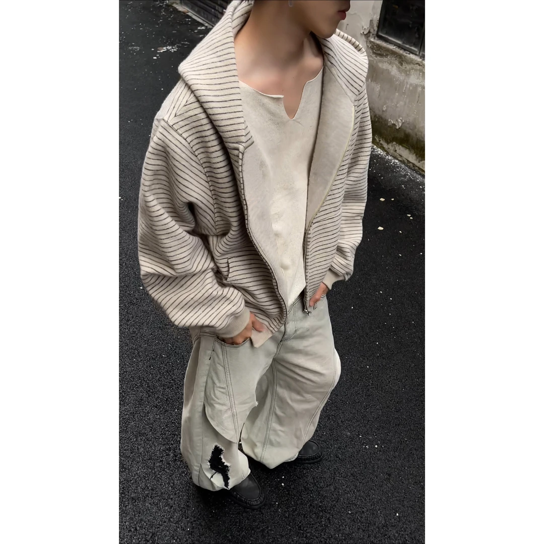 韩系复古条纹毛呢连帽开衫男女秋冬季休闲设计感情侣百搭慵懒外套