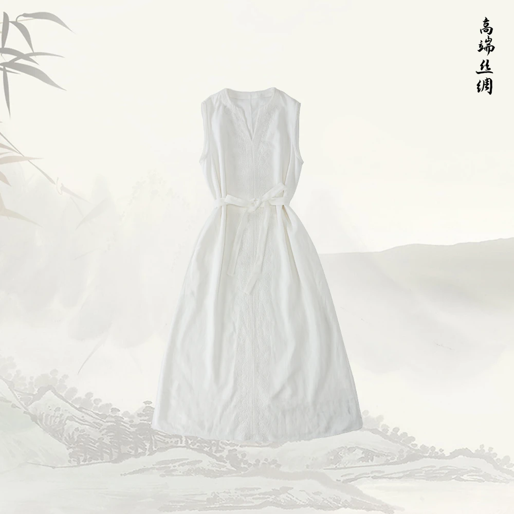 中式时尚V领亚麻刺绣无袖连衣裙527010