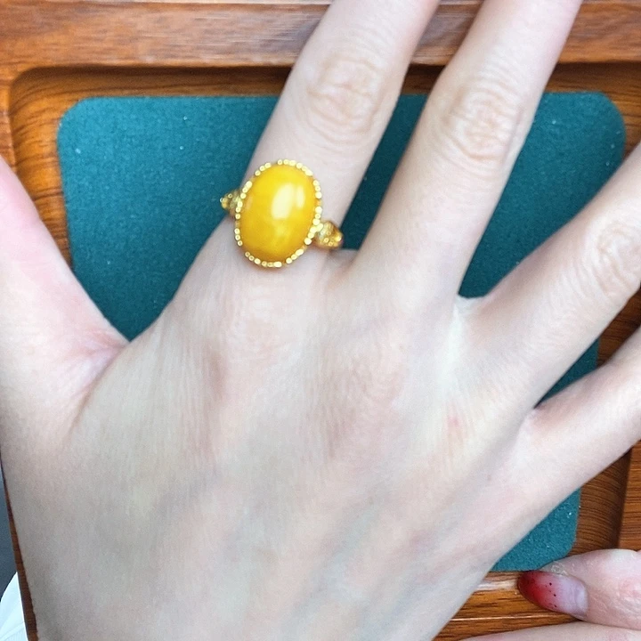 蜜蜡戒指银S925镶嵌戒指