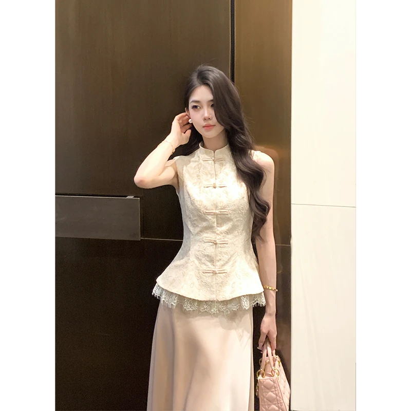木子李的李【婉约动人】新中式缎面上衣无袖蕾丝背心两件套LL9648