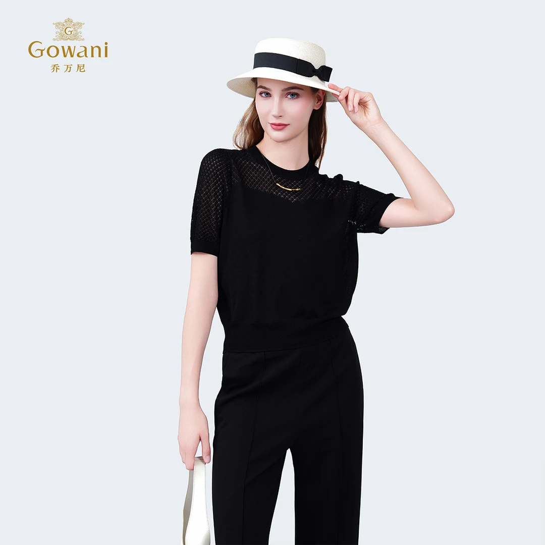 Gowani/乔万尼法式气质短袖针织衫女黑色圆领套头百搭上衣EZ2M119