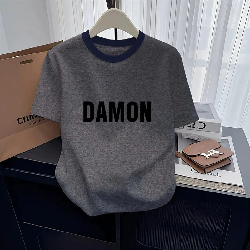 撞色正肩简约圆领短袖t恤女装2025新款时尚独特漂亮休闲上衣夏季