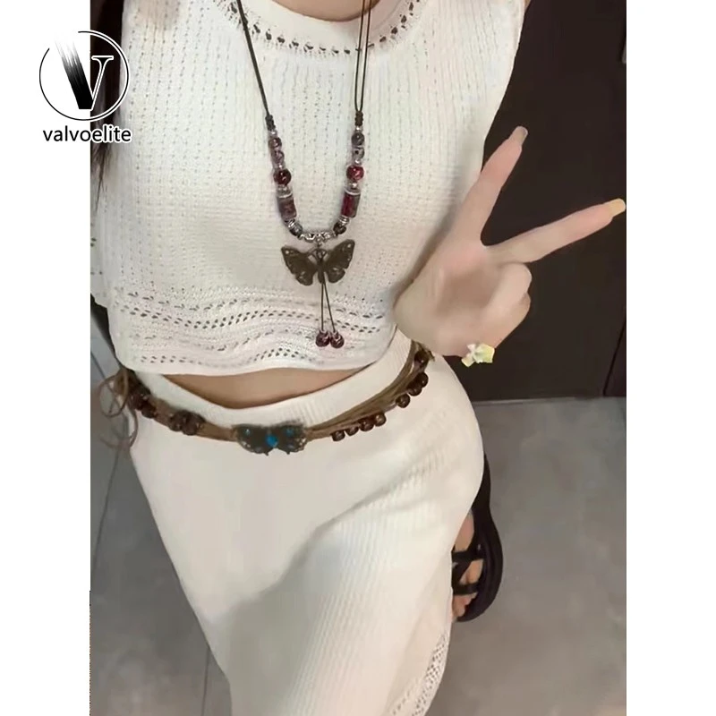 VALVOELITE夏季新款高级感镂空无袖针织背心高腰显瘦半身裙两件套