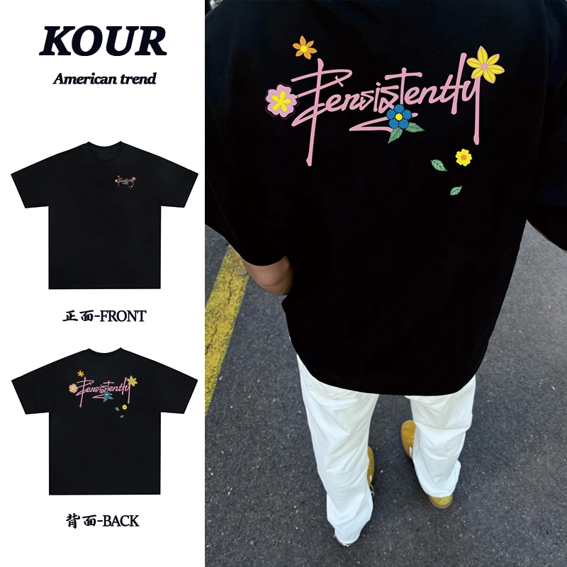 美式高街复古花卉英文印花上衣重磅纯棉宽松百搭潮流夏季短袖T恤