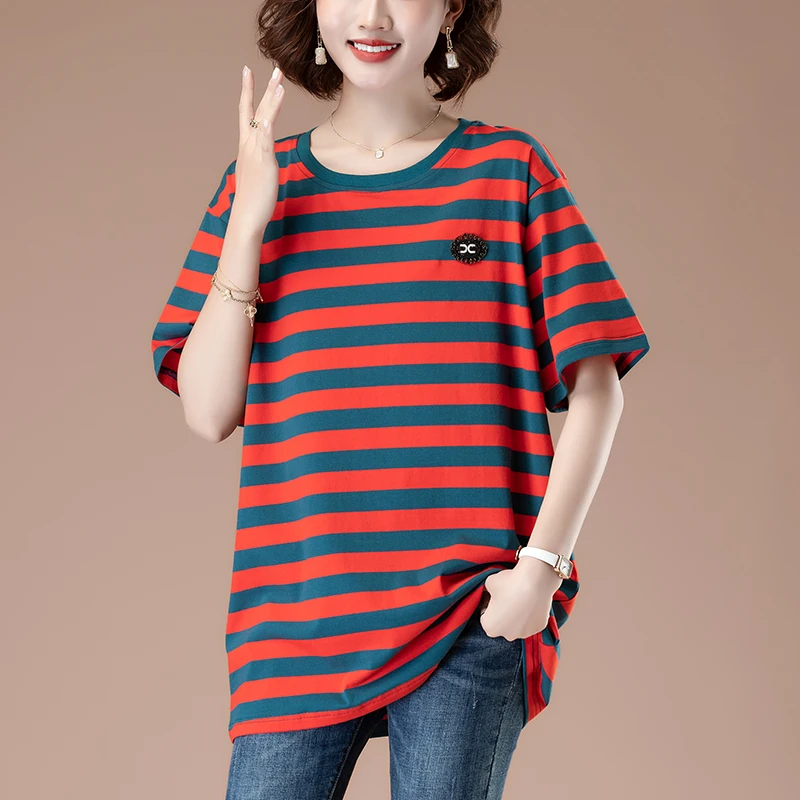 中长款短袖纯棉条纹t恤夏季半袖宽松时尚大码中年韩版洋气衣服女