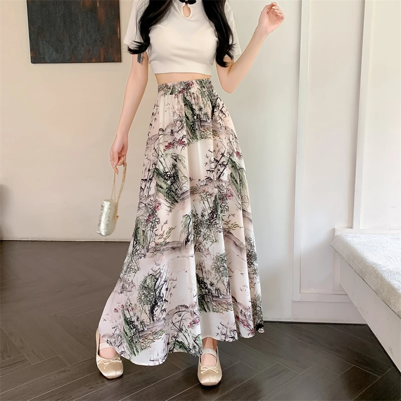 2025新中式 清冷感uma调不规则半身裙女春夏新款花色长裙子碎花