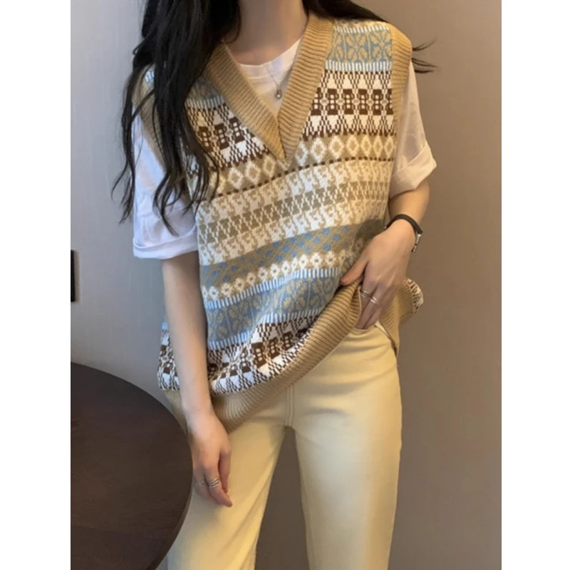 清仓提花V领毛衣马甲打底衫女春秋坎肩宽松外穿无袖背心针织上衣