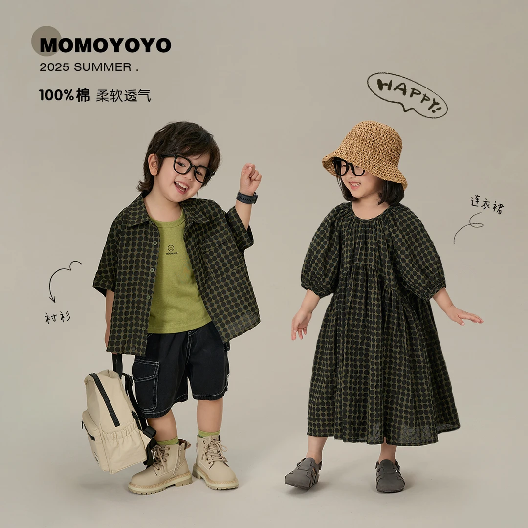 辰辰妈【森系】夏季儿童休闲肌理感宽松短袖衬衫连衣裙 8143X/8202X
