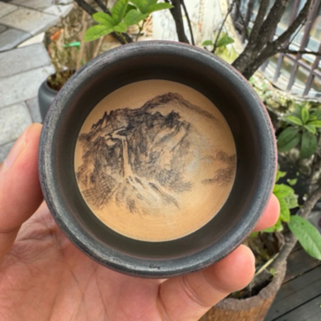 云南建水紫陶手绘陶杯，水墨山水120cc主人杯