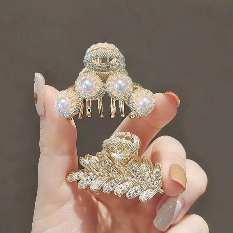 日森系珍珠小号发夹鲨鱼夹镀金迷你头顶夹后脑勺抓夹半扎顶夹头饰