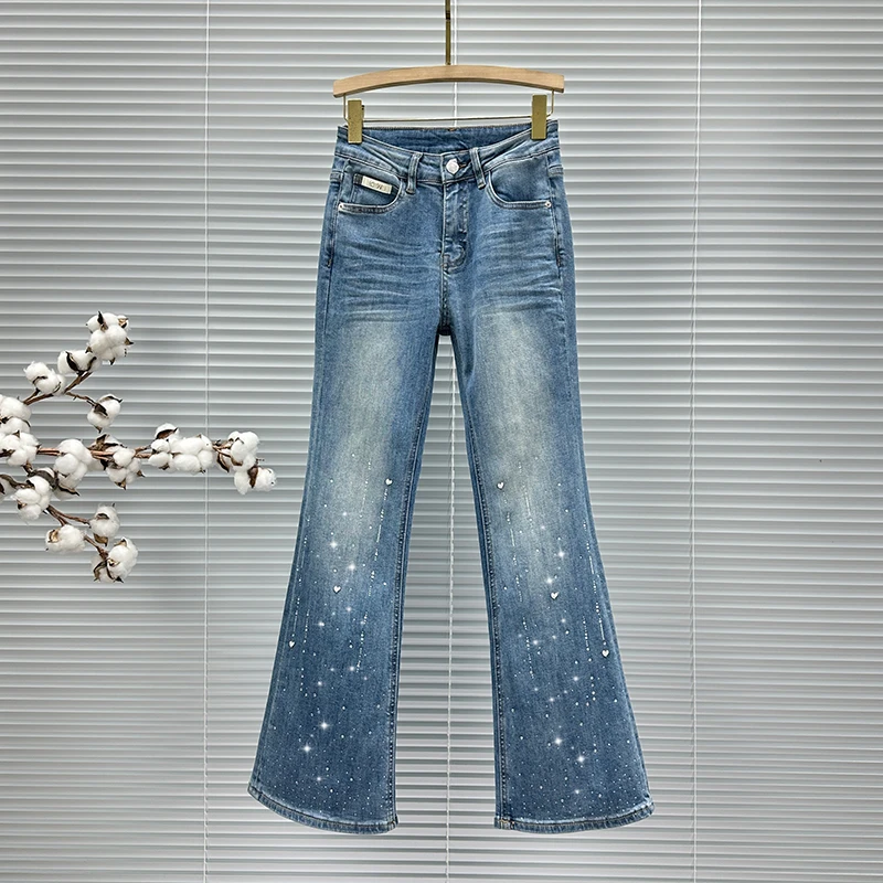 春夏季新款喇叭牛仔裤女2025年高腰宽松显瘦百搭ins烫钻微喇长裤