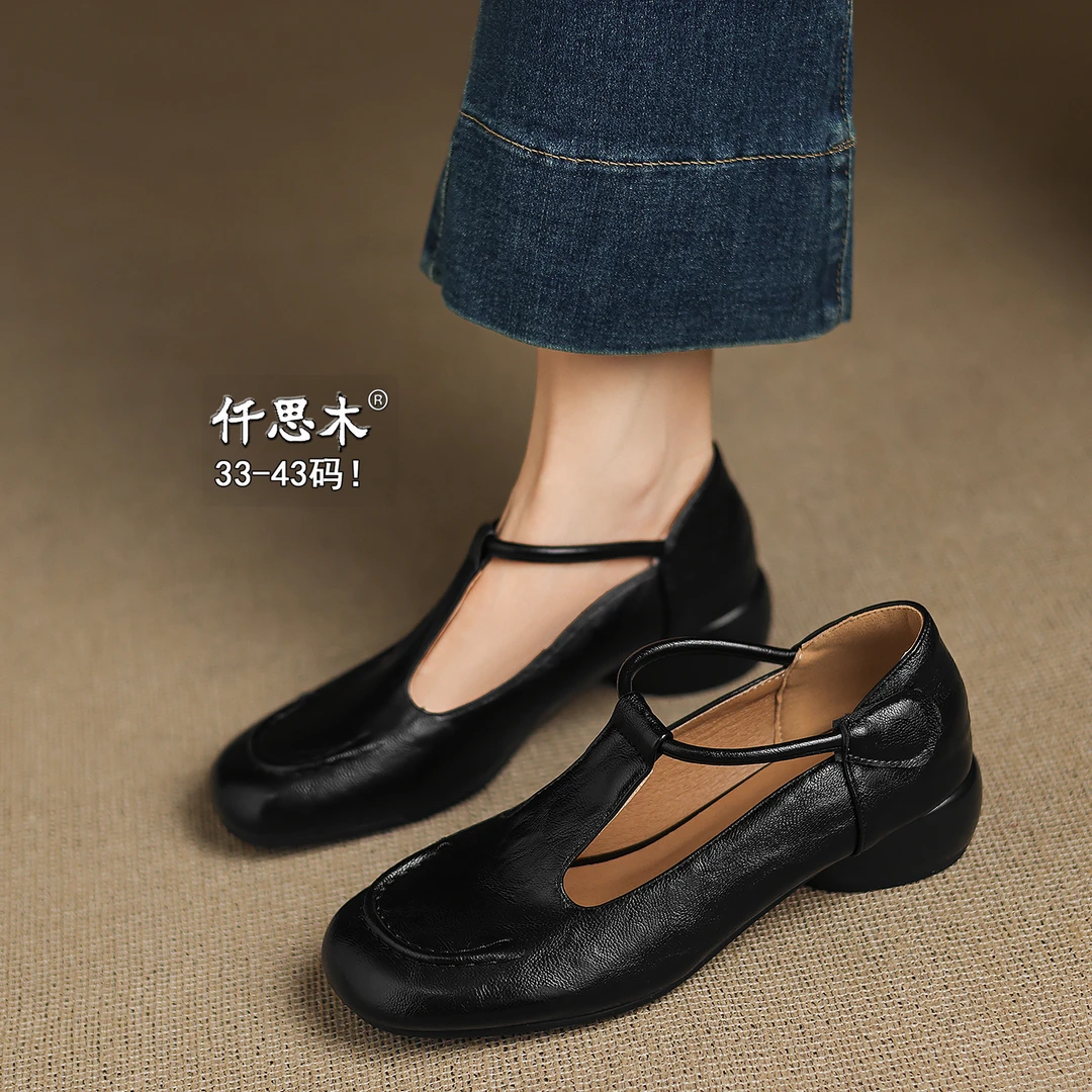 浅口单鞋女2025新款大码女鞋41到43胖脚宽肥中跟40棕色鞋子圆头42