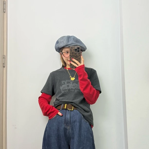 【San W】冬季美式甜辣妹撞色印花假两件加厚磨毛长袖打底T恤秋