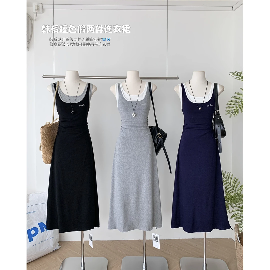 韩系撞色假两件背心吊带连衣裙女夏季小个子气质收腰修身包臀长裙