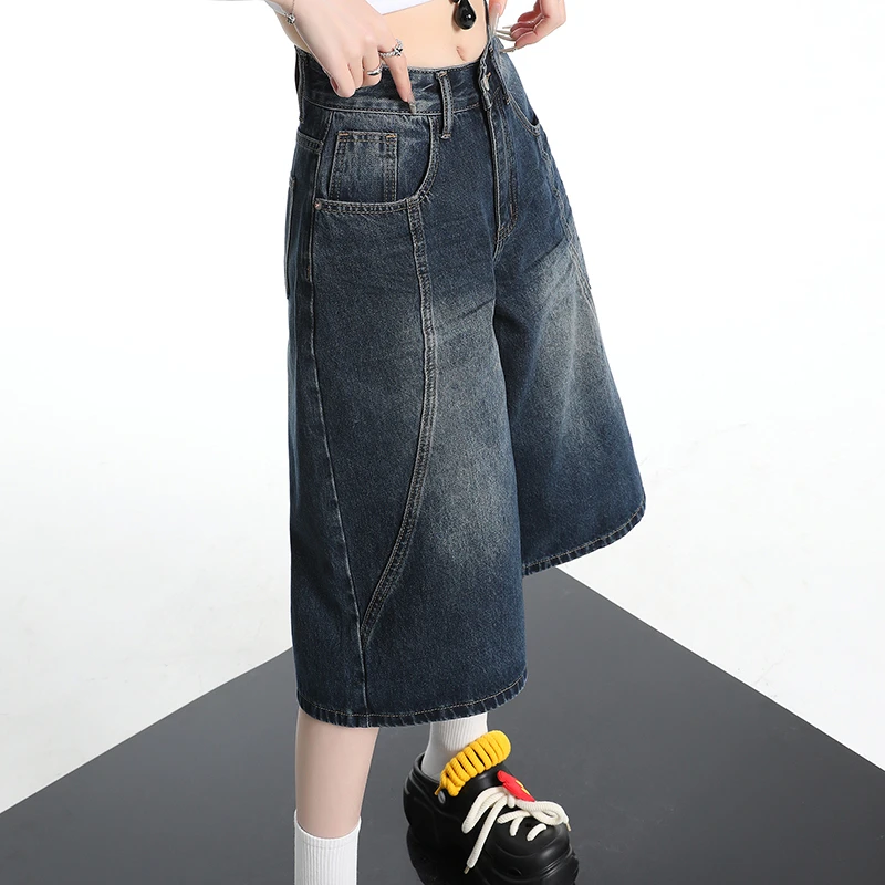 深蓝色高腰七分牛仔裤女秋季新款辣妹显瘦百搭宽松阔腿直筒中短裤