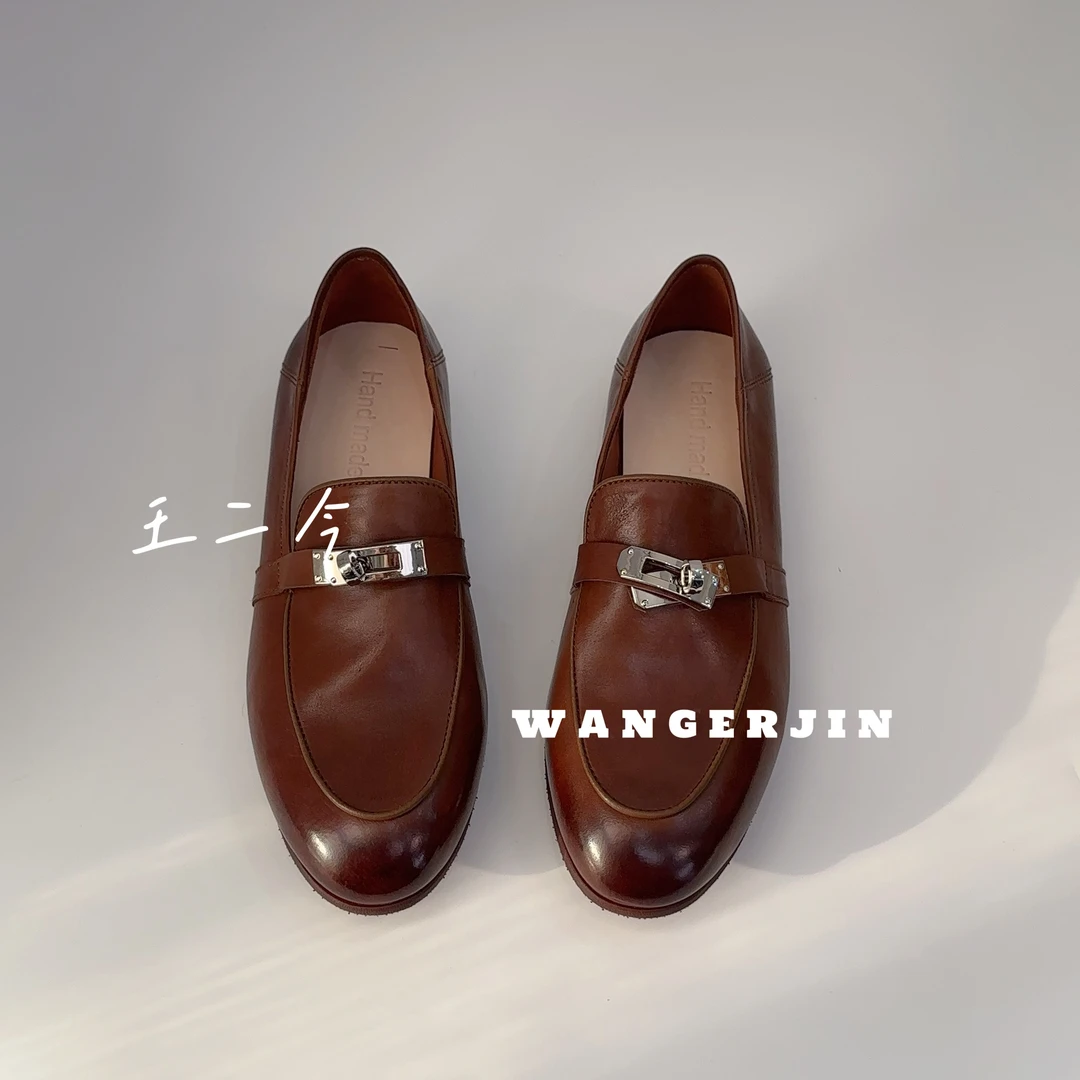 【王二今】牛皮/2.5CM/马衔扣水洗植鞣一脚蹬懒人乐福鞋小皮单鞋女