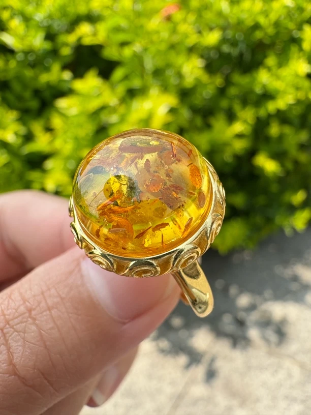 假一赔十，天然琥珀蜜蜡，大蛋面花珀戒指，显白气质百搭款，号20精致