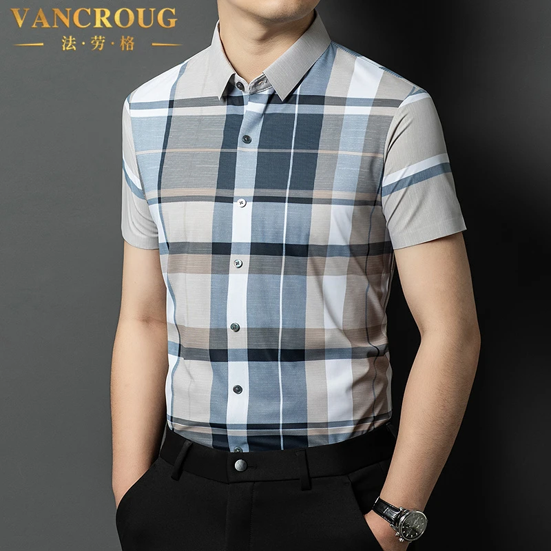 VANCROUG/法劳格短袖衬衣男士夏季商务休闲撞色冰丝百搭格i子衬衣