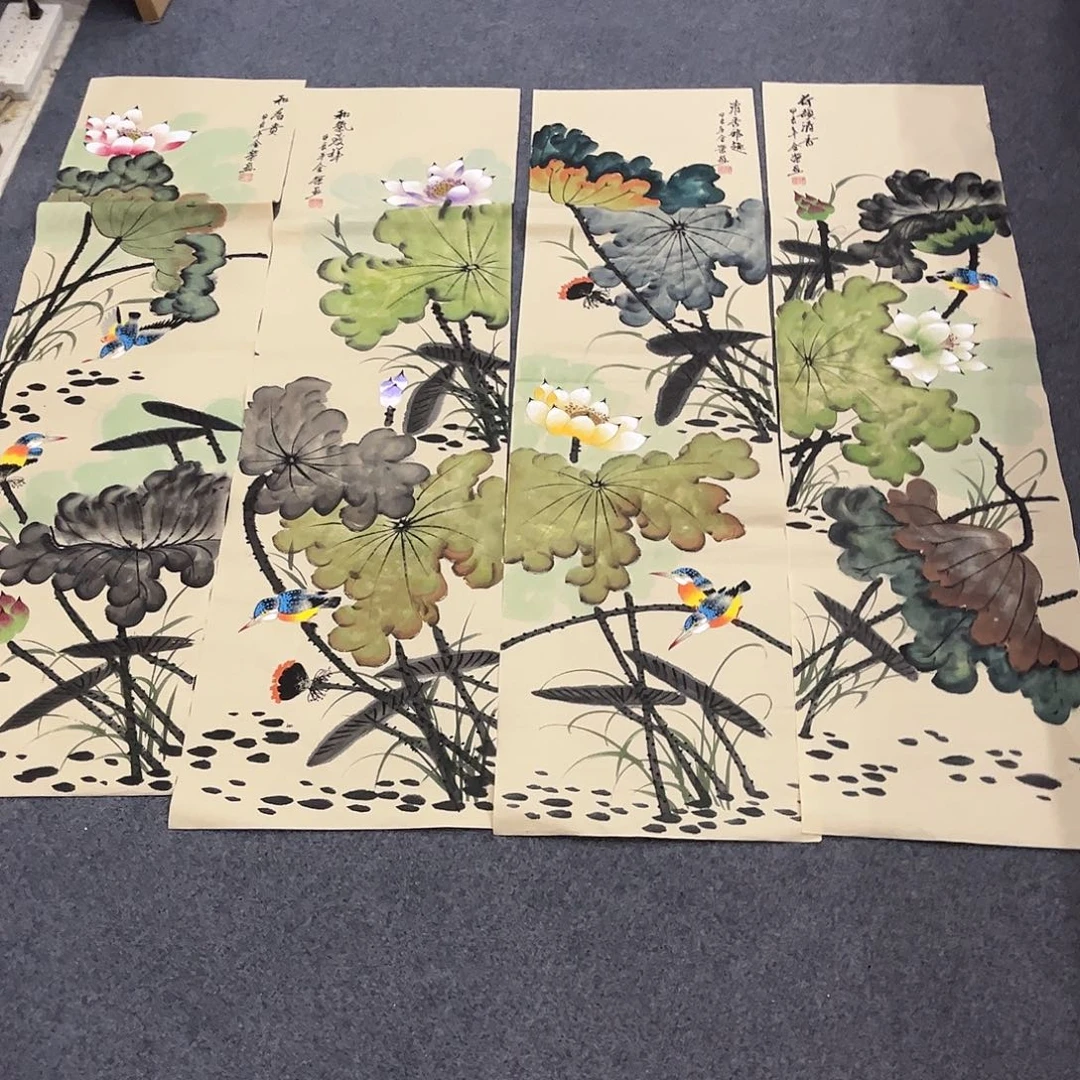 国画D手绘作品四条屏