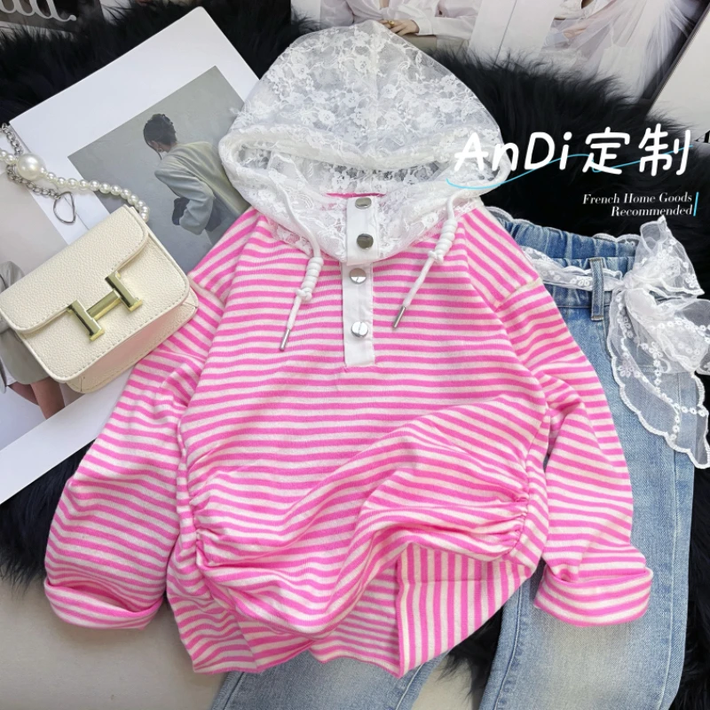 〖ANDI〗订制春季新款女童蕾丝拼接帽条纹洋气打底衫3594