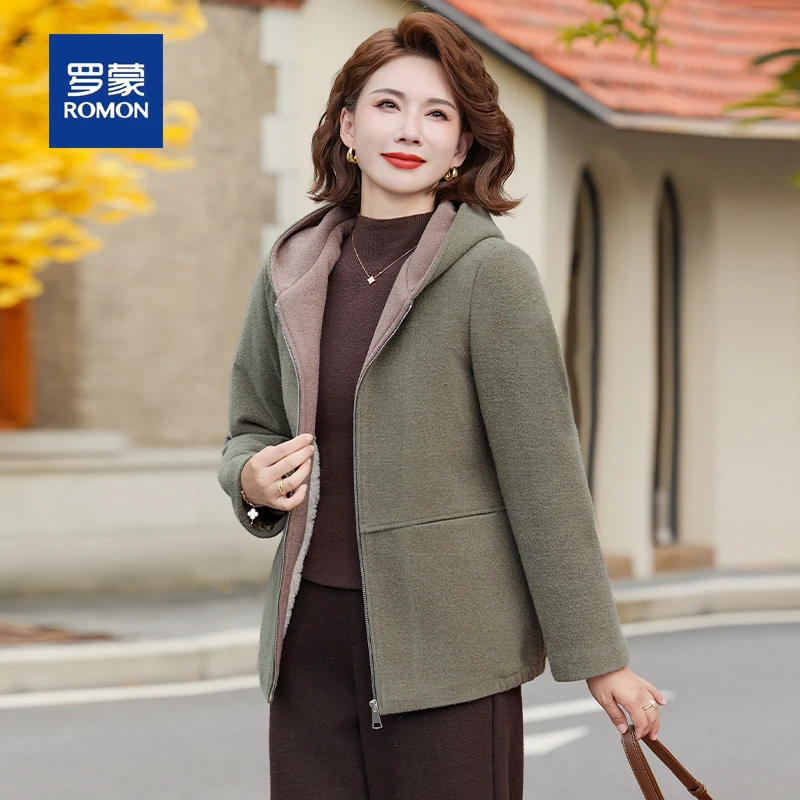 罗蒙气质妈妈装秋冬季毛呢外套洋气新款50多岁中老年女士连帽上衣
