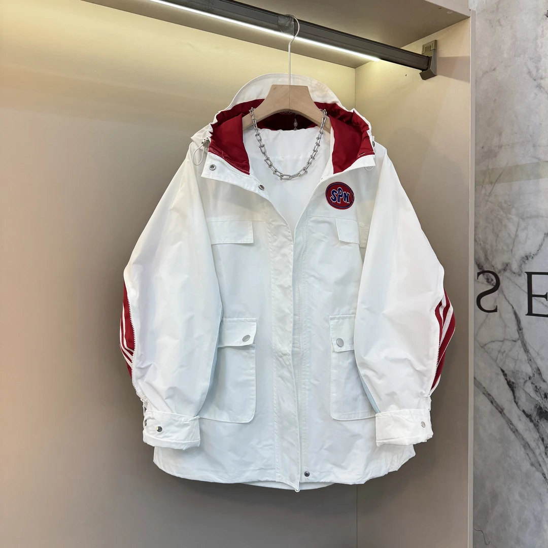 韩范风衣外套女潮款撞色设计长袖连帽拉链双兜时尚百搭宽松上衣