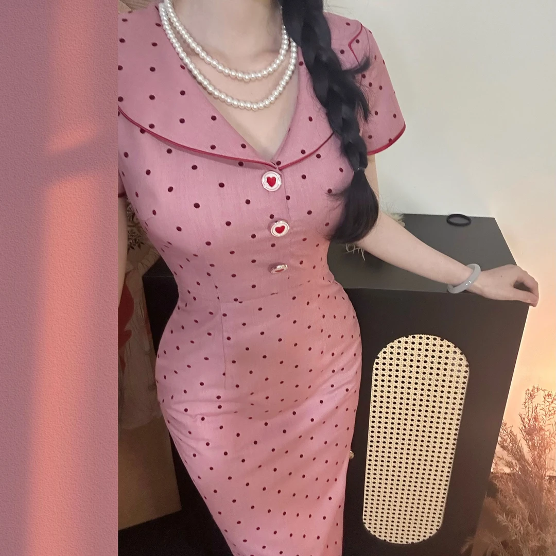 叁屿定制 波点少女～原创设计港风温柔大翻领波点植绒短袖连衣裙