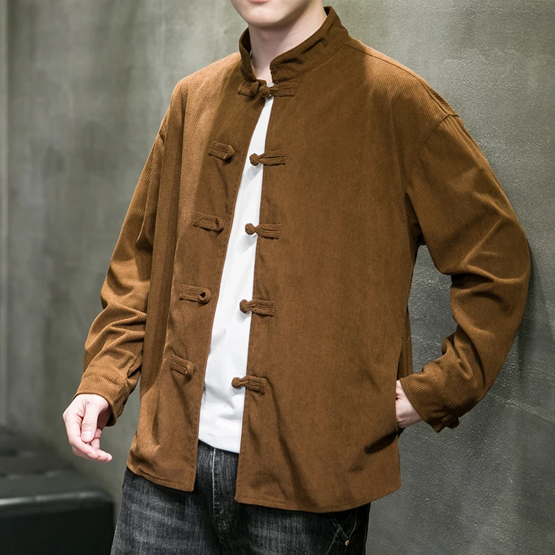 中国风春秋季男装灯芯绒衬衫复古休闲唐装汉服盘扣新中式长袖外套
