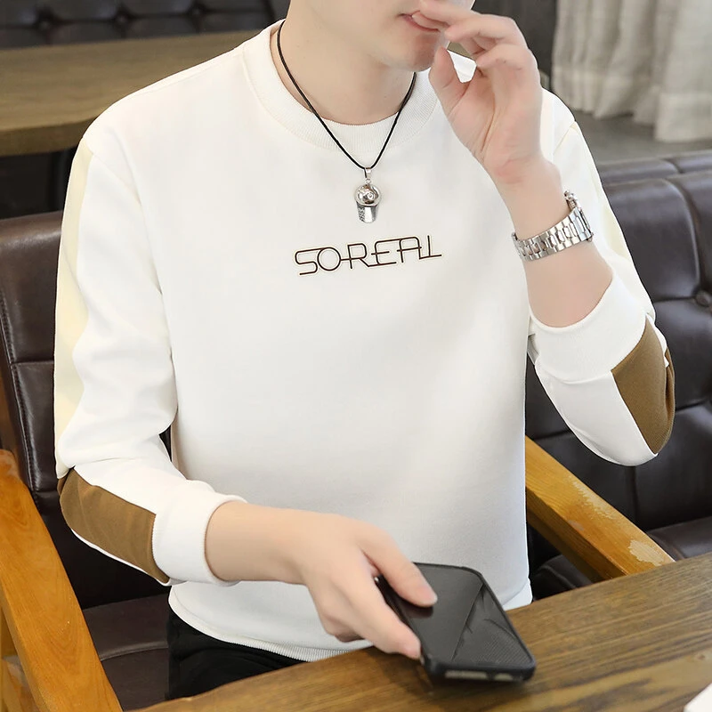 高档圆领刺绣拼接卫衣男士春季时尚百搭T恤打底衫品质男装2512