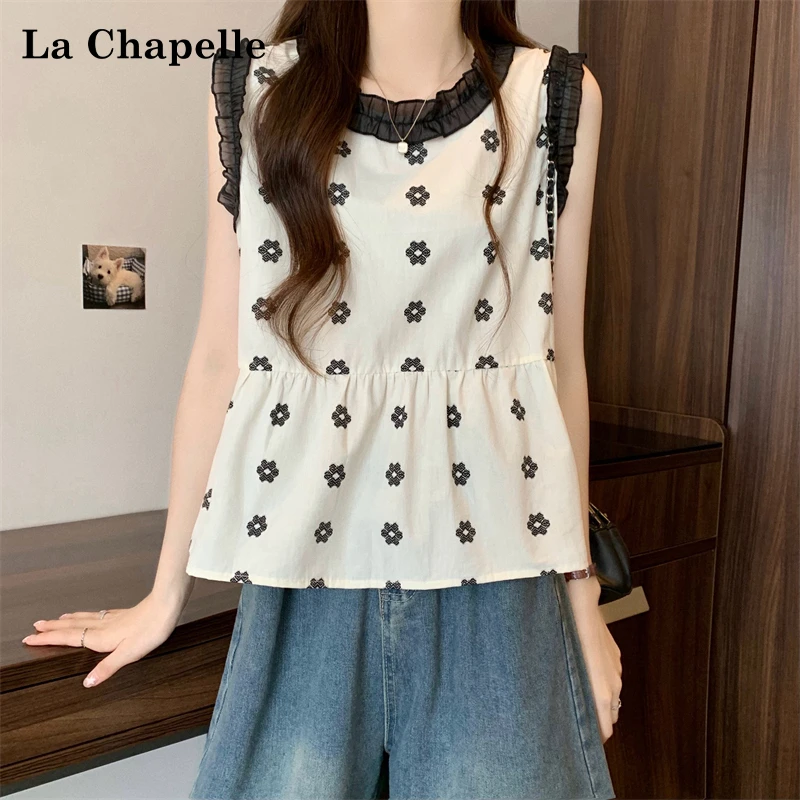 拉夏贝尔法式甜美减龄小众撞色木耳边花朵无袖衬衫女碎花小衫夏季