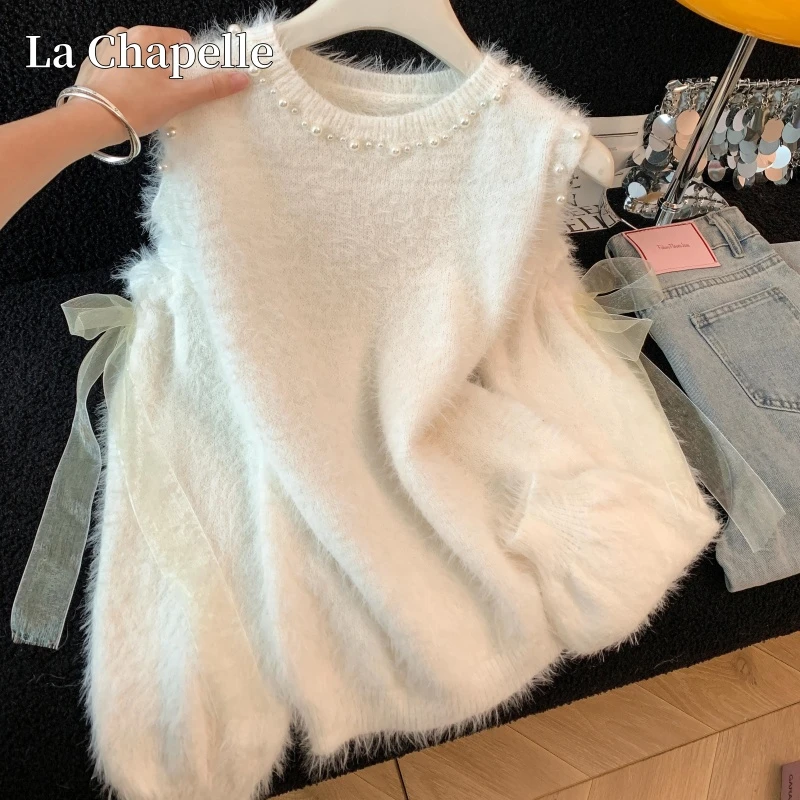 拉夏贝尔新款钉珠蝴蝶结甜妹软糯毛衣女装秋冬季露肩设计感针织衫