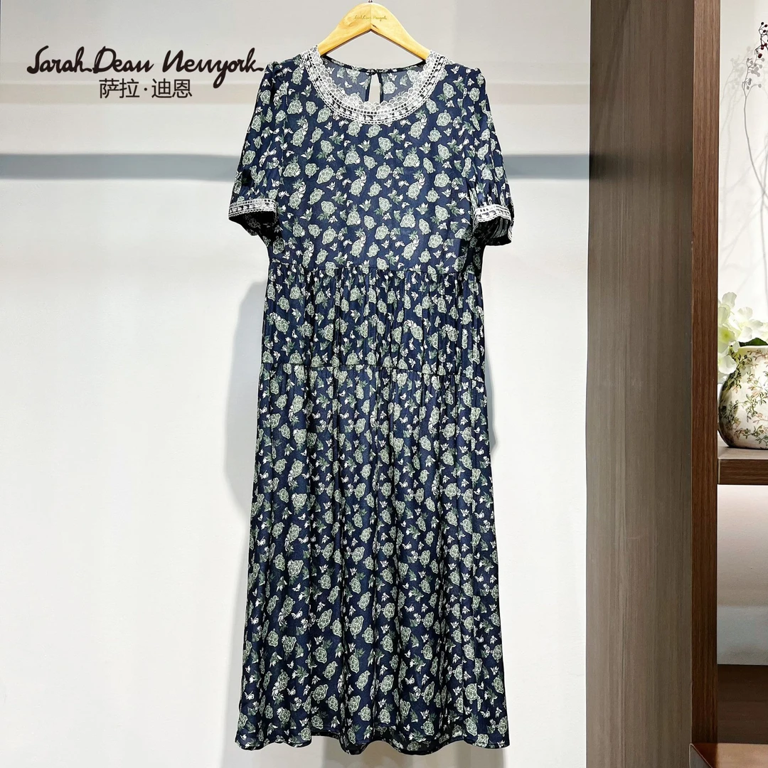 【萨拉迪恩】桑蚕丝花边时尚气质圆领短袖连衣裙